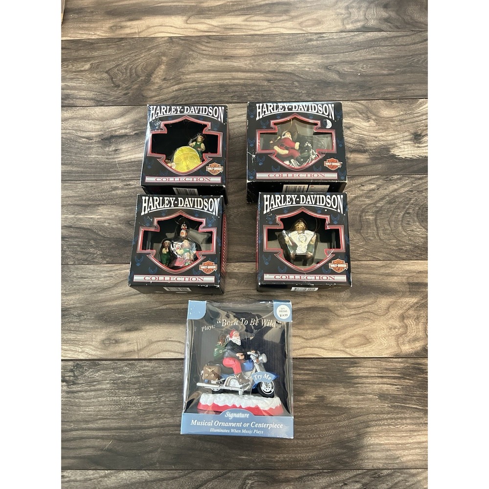 RARE Vintage 5 Lot HARLEY DAVIDSON CHRISTMAS ORNAMENT SANTA ELF ENGINE BIKE 1997